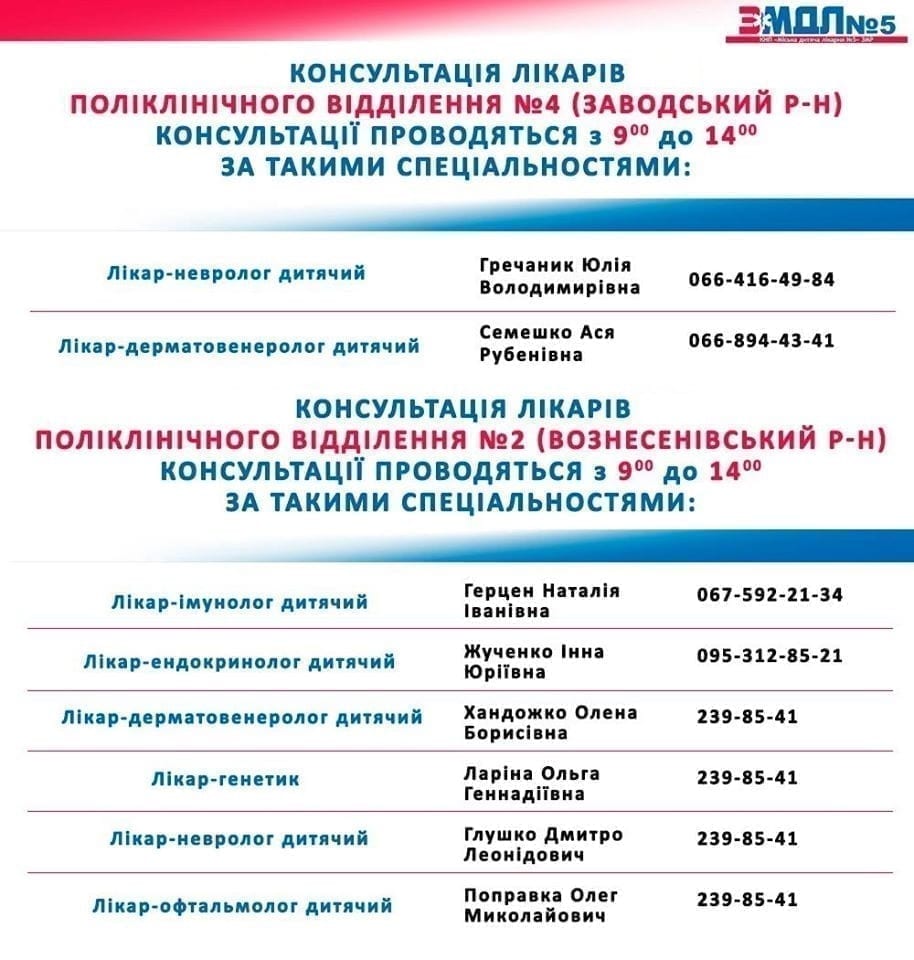 Консультації лікарів для пацієнтів амбулаторно-поліклінічного підрозділу детская больница запорожье КНП «Міська дитяча лікарня №5» ЗМР – це єдина у місті Запоріжжі багатопрофільна дитяча лікарня, де сконцентровано всі види надання спеціалізованої медичної допомоги дитячому населенню: стаціонарної, консультативної амбулаторно-поліклінічної та виїзної для інтенсивної терапії новонародженим.